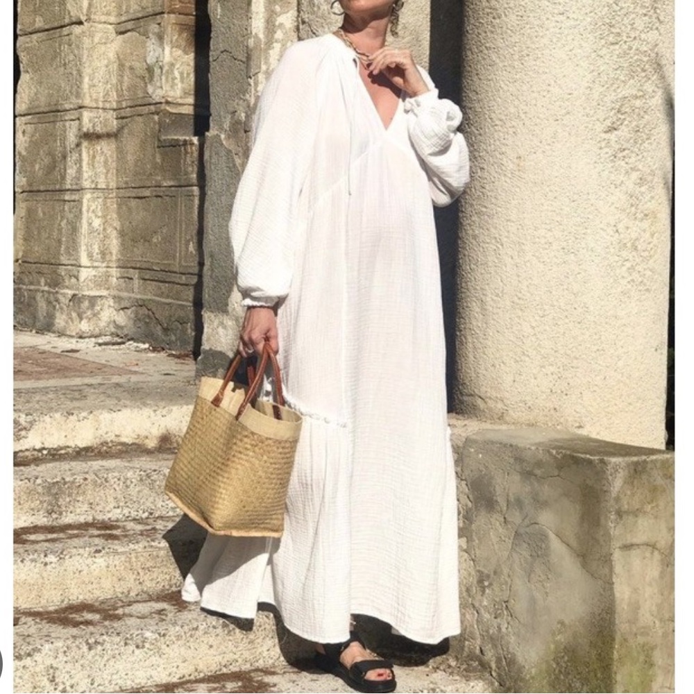 H&M White Cotton Long Sleeve Maxi Dress